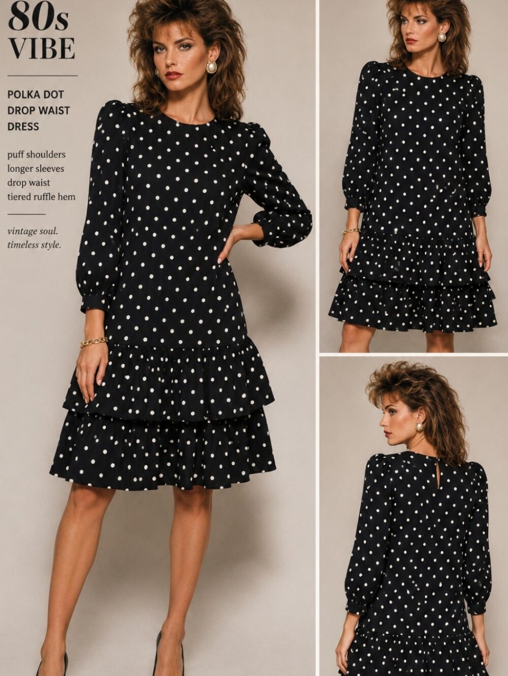 Vintage 1980s Black White Polka Dot Drop Waist Midi Dress Puff Sleeve Size 10